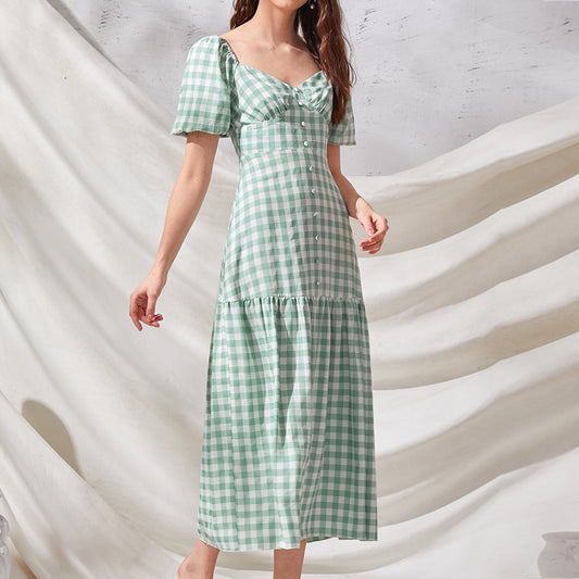 Women's Plaid Dress Puff Sleeve Long French Dress - Deki's Variety Store