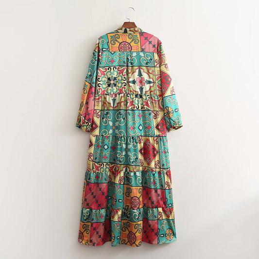 Women's New Printed Long Sleeve Shirt Dress Maxi Dress - Deki's Variety Store